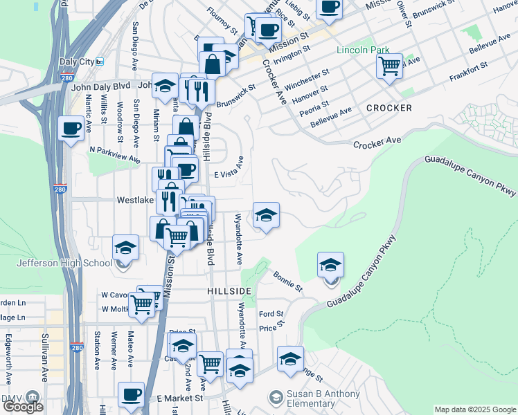 map of restaurants, bars, coffee shops, grocery stores, and more near 85 Lausanne Avenue in Daly City