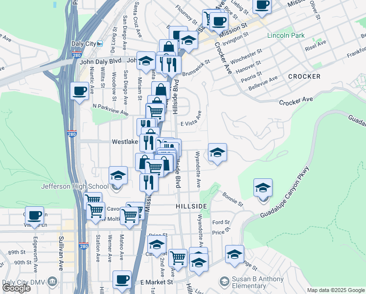 map of restaurants, bars, coffee shops, grocery stores, and more near 33 Tallwood Drive in Daly City