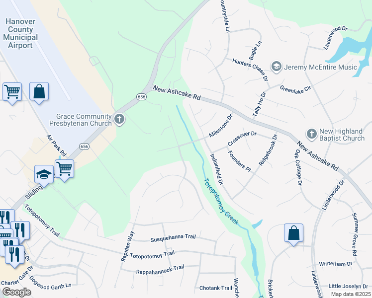 map of restaurants, bars, coffee shops, grocery stores, and more near 11012 Milestone Drive in Mechanicsville
