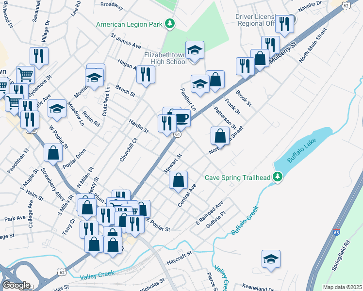 map of restaurants, bars, coffee shops, grocery stores, and more near 200 Beech Street in Elizabethtown