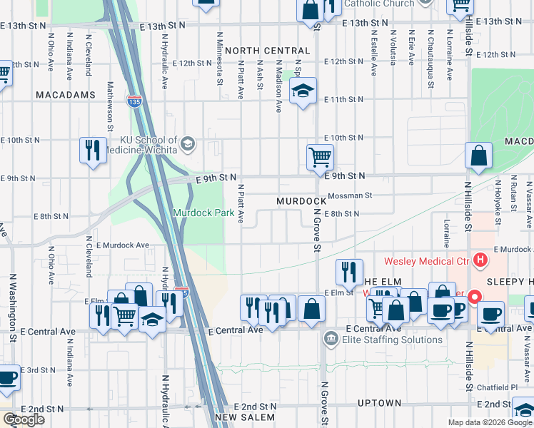 map of restaurants, bars, coffee shops, grocery stores, and more near 2114 East Random in Wichita