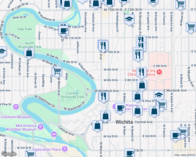 map of restaurants, bars, coffee shops, grocery stores, and more near in Wichita