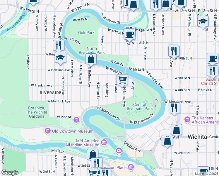 map of restaurants, bars, coffee shops, grocery stores, and more near in Wichita
