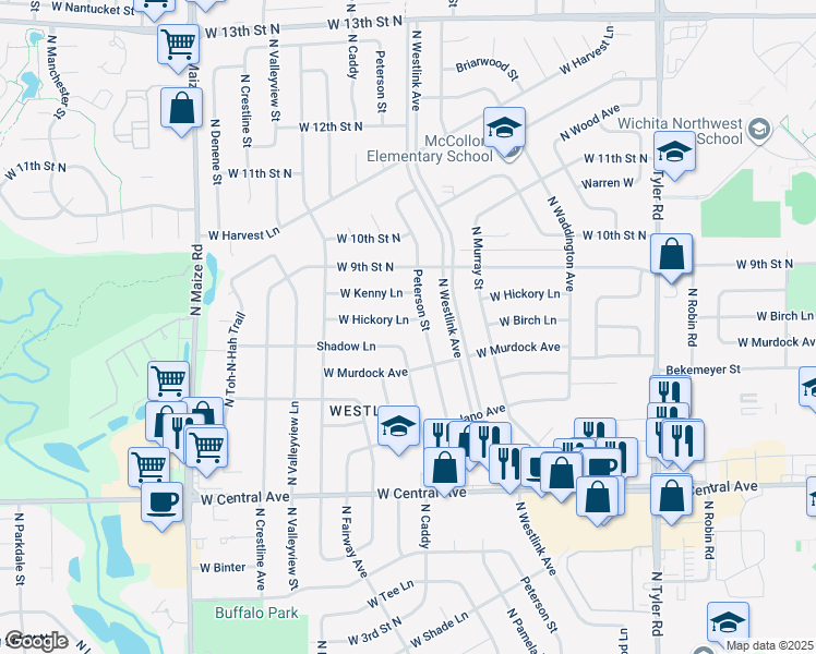 map of restaurants, bars, coffee shops, grocery stores, and more near 958 Peterson Street in Wichita