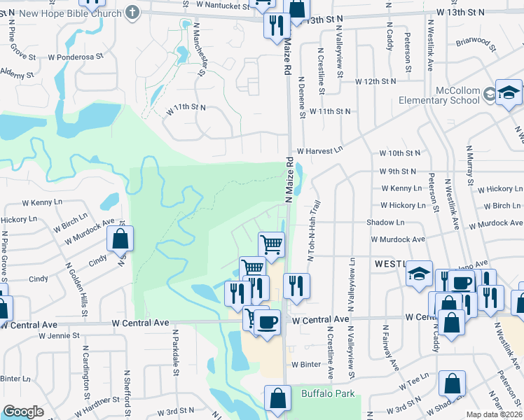 map of restaurants, bars, coffee shops, grocery stores, and more near 909 North Maize Road in Wichita