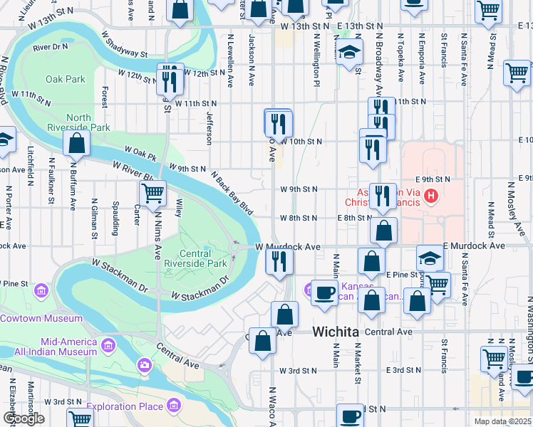 map of restaurants, bars, coffee shops, grocery stores, and more near in Wichita