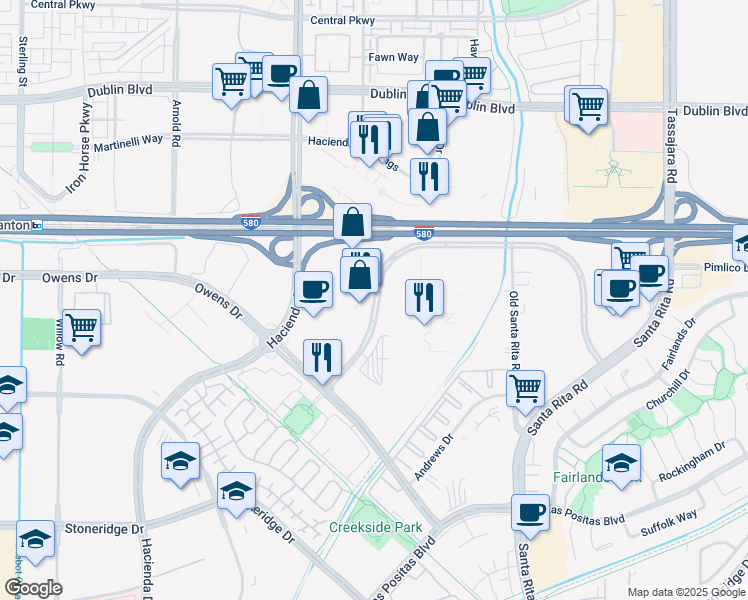 map of restaurants, bars, coffee shops, grocery stores, and more near 4503 Rosewood Drive in Pleasanton