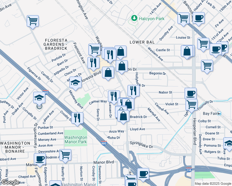 map of restaurants, bars, coffee shops, grocery stores, and more near 68 Caliente Circle in San Leandro