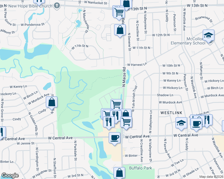 map of restaurants, bars, coffee shops, grocery stores, and more near 909 North Maize Road in Wichita