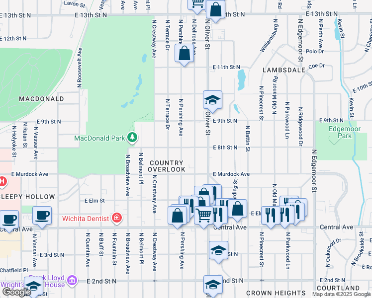 map of restaurants, bars, coffee shops, grocery stores, and more near 4633 East 8th Street North in Wichita