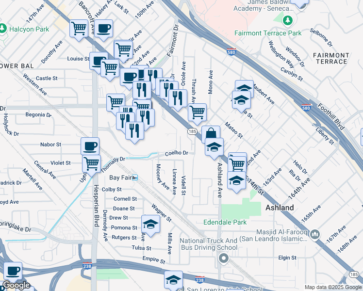 map of restaurants, bars, coffee shops, grocery stores, and more near 1323 159th Avenue in San Leandro