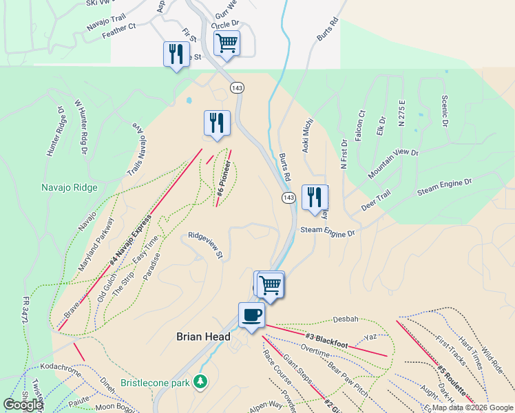 map of restaurants, bars, coffee shops, grocery stores, and more near 150 Ridgeview Street in Brian Head