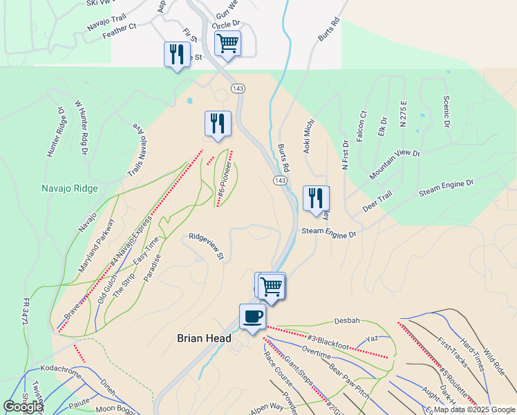map of restaurants, bars, coffee shops, grocery stores, and more near 150 Ridgeview Street in Brian Head