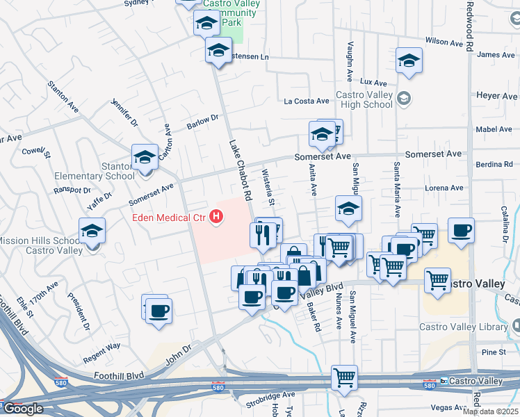 map of restaurants, bars, coffee shops, grocery stores, and more near 19954 Lake Chabot Road in Castro Valley