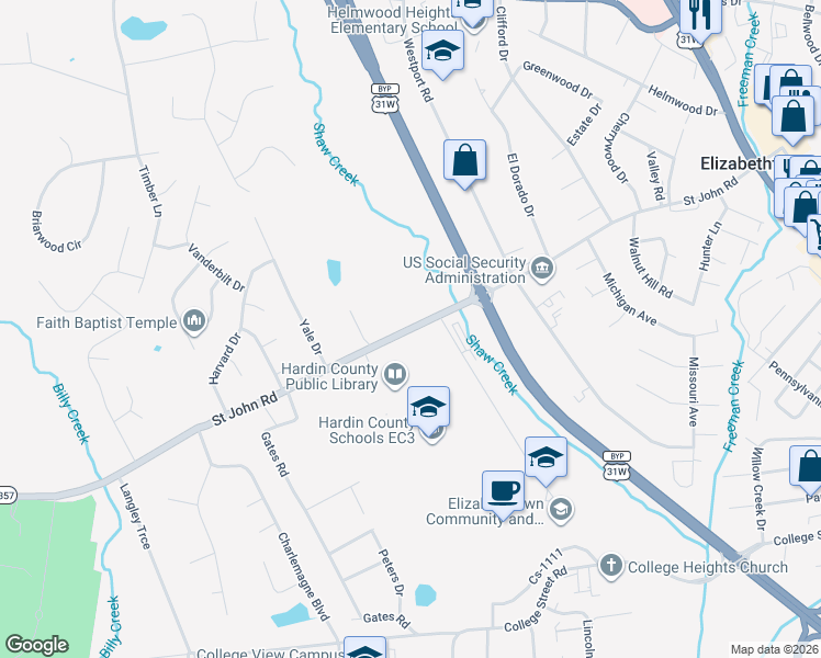 map of restaurants, bars, coffee shops, grocery stores, and more near 714 Saint John Road in Elizabethtown