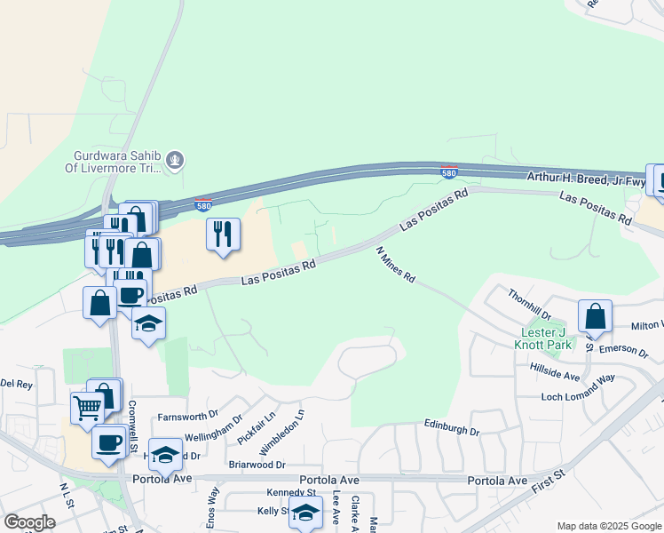 map of restaurants, bars, coffee shops, grocery stores, and more near 2901 Las Positas Road in Livermore