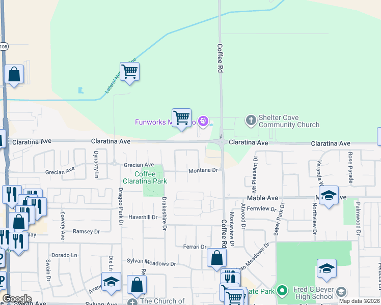 map of restaurants, bars, coffee shops, grocery stores, and more near 1017 Loretelli Drive in Modesto