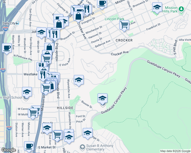 map of restaurants, bars, coffee shops, grocery stores, and more near 563 Green Ridge Drive in Daly City