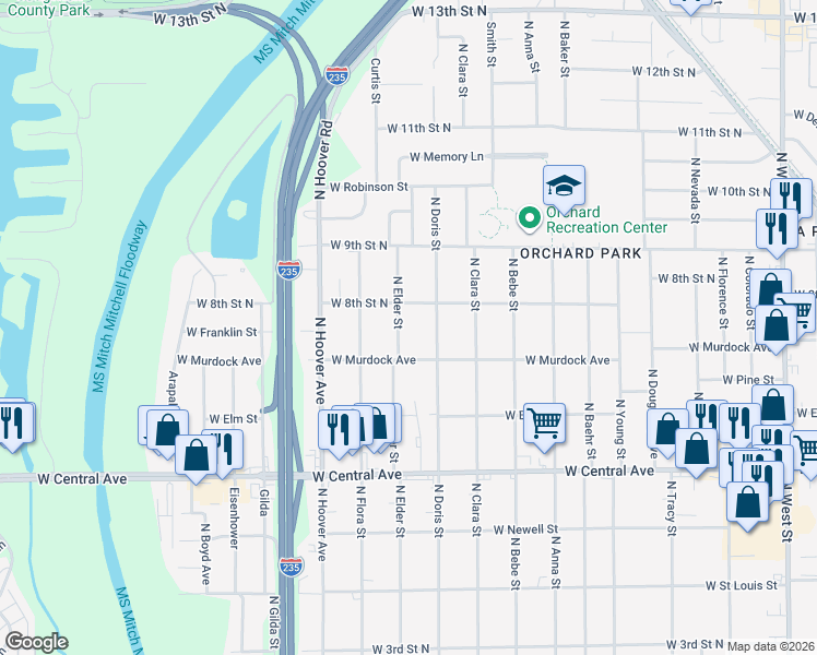 map of restaurants, bars, coffee shops, grocery stores, and more near 5221 West 8th Street North in Wichita