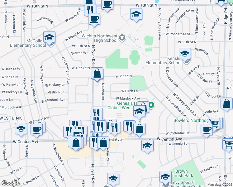 map of restaurants, bars, coffee shops, grocery stores, and more near 8516 West Birch Lane in Wichita