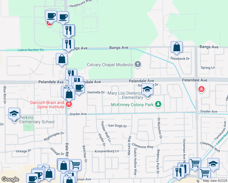 map of restaurants, bars, coffee shops, grocery stores, and more near 2704 Mira Vista Drive in Modesto