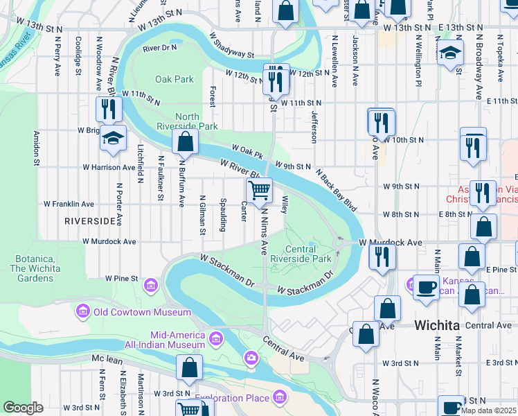 map of restaurants, bars, coffee shops, grocery stores, and more near 818 Franklin Street in Wichita