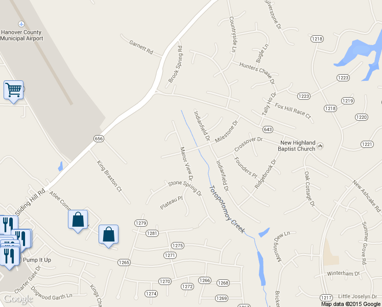 map of restaurants, bars, coffee shops, grocery stores, and more near 11012 Milestone Drive in Mechanicsville