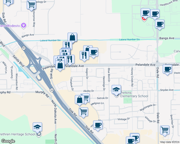 map of restaurants, bars, coffee shops, grocery stores, and more near 3511 Woodglen Drive in Modesto