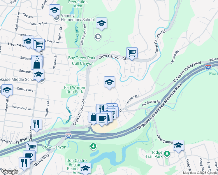 map of restaurants, bars, coffee shops, grocery stores, and more near 21201 Independent School Road in Castro Valley