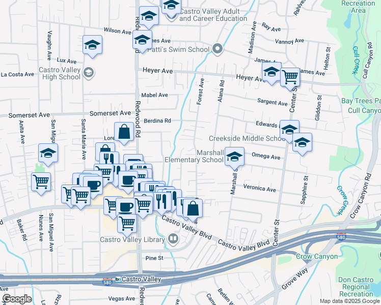 map of restaurants, bars, coffee shops, grocery stores, and more near 19998 Meadowlark Drive in Castro Valley