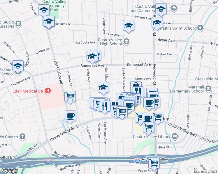 map of restaurants, bars, coffee shops, grocery stores, and more near 20023 Leroy Drive in Castro Valley