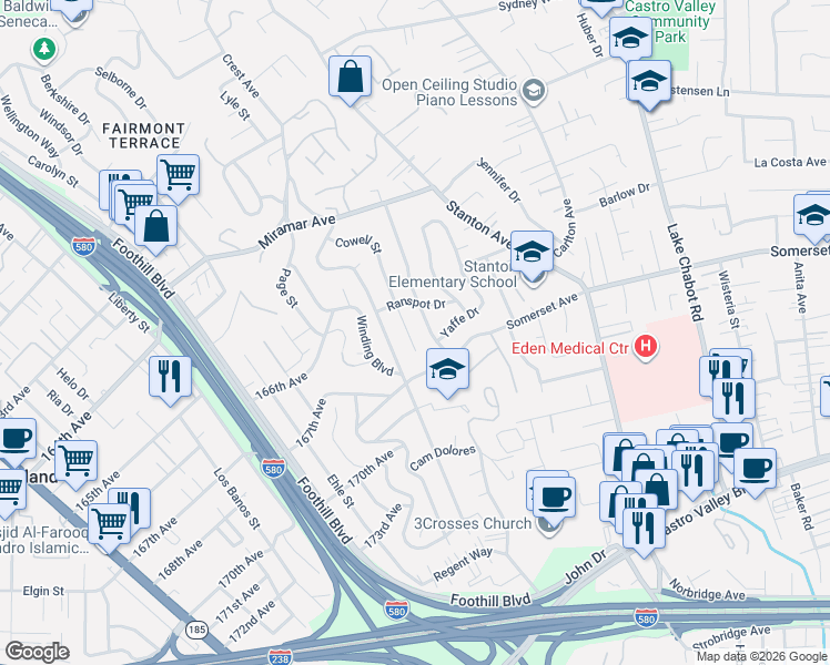 map of restaurants, bars, coffee shops, grocery stores, and more near 16725 Selby Drive in San Leandro