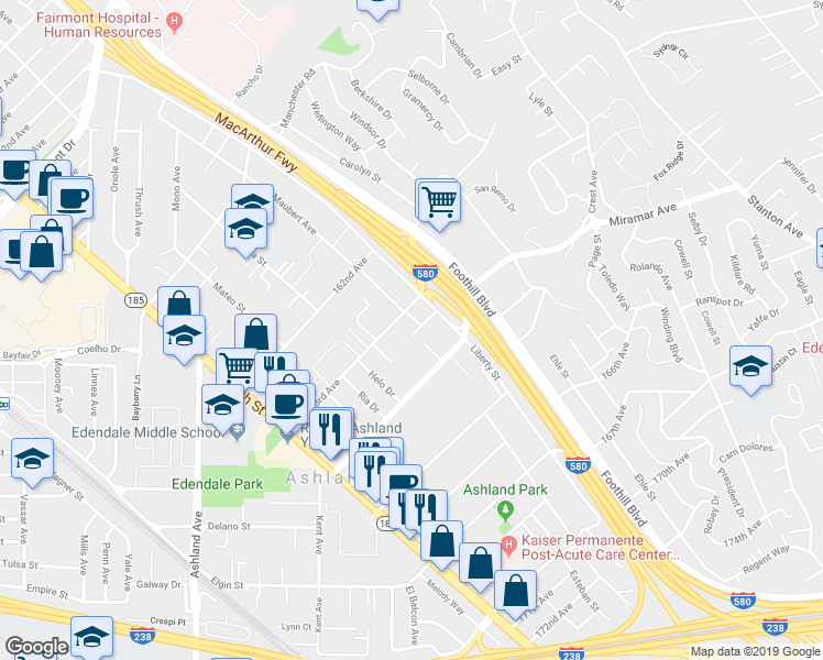 map of restaurants, bars, coffee shops, grocery stores, and more near 16318 Maubert Avenue in San Leandro