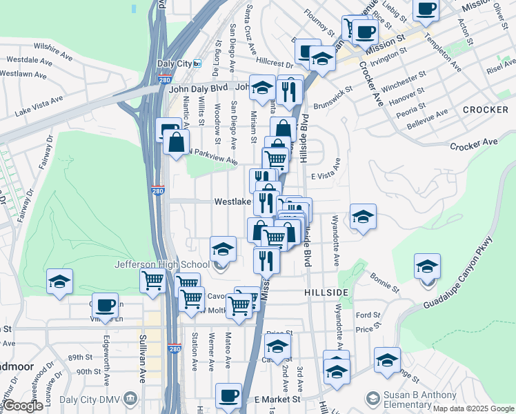 map of restaurants, bars, coffee shops, grocery stores, and more near 85 Westlake Avenue in Daly City