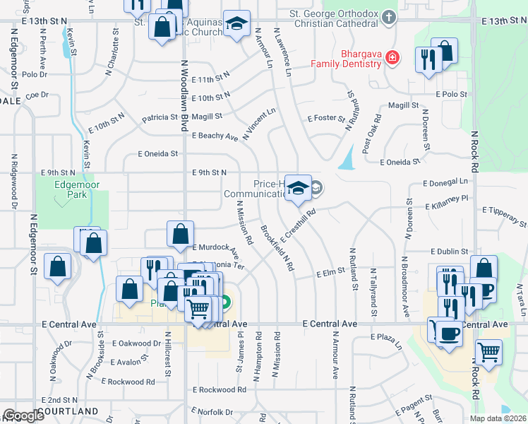 map of restaurants, bars, coffee shops, grocery stores, and more near 811 N Stratford Ln in Wichita