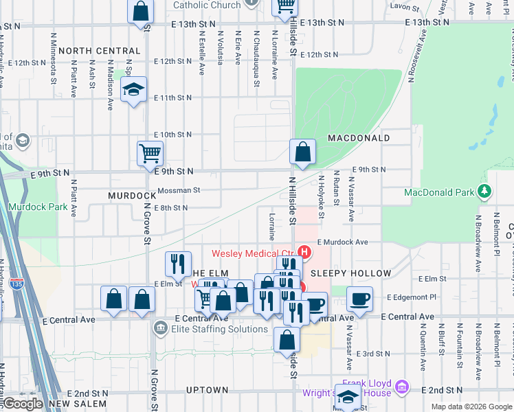 map of restaurants, bars, coffee shops, grocery stores, and more near 2911 East Mossman Avenue in Wichita
