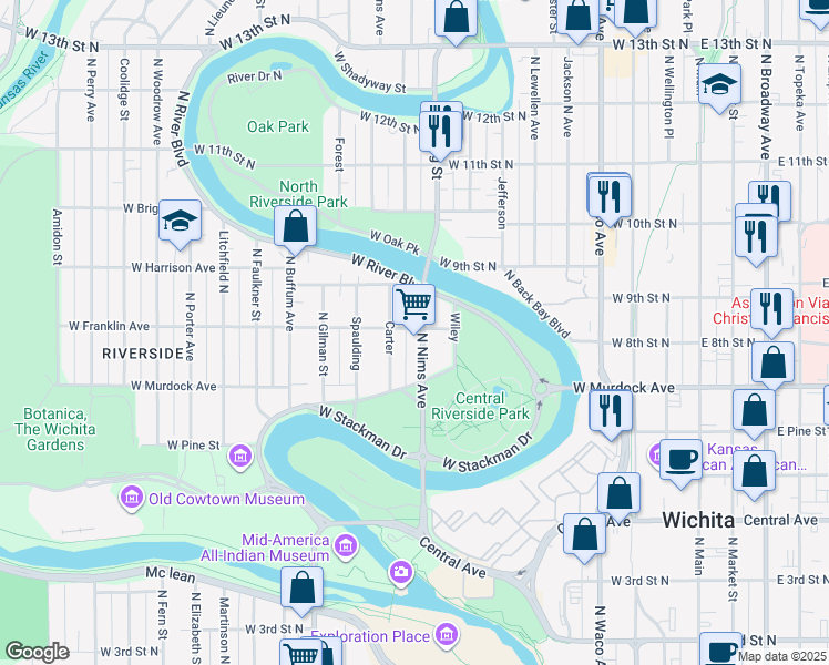 map of restaurants, bars, coffee shops, grocery stores, and more near 818 Franklin Street in Wichita