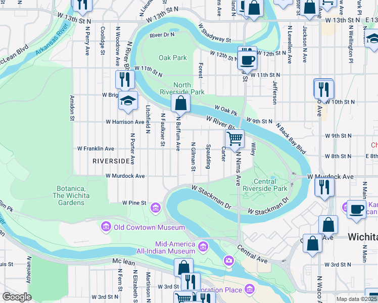 map of restaurants, bars, coffee shops, grocery stores, and more near 901 Gilman in Wichita