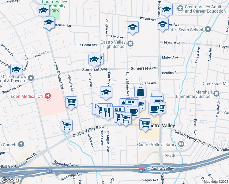 map of restaurants, bars, coffee shops, grocery stores, and more near 20023 Leroy Drive in Castro Valley