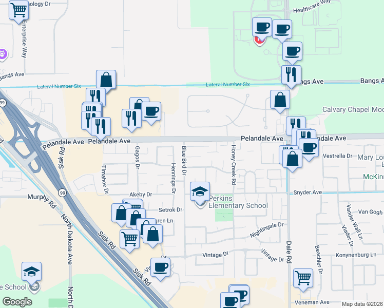 map of restaurants, bars, coffee shops, grocery stores, and more near 3308 Windmill Drive in Modesto