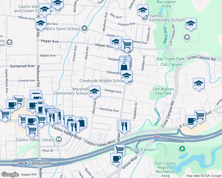 map of restaurants, bars, coffee shops, grocery stores, and more near 4311 Circle Avenue in Castro Valley