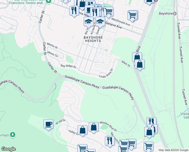 map of restaurants, bars, coffee shops, grocery stores, and more near 182 Linda Vista Drive in Daly City
