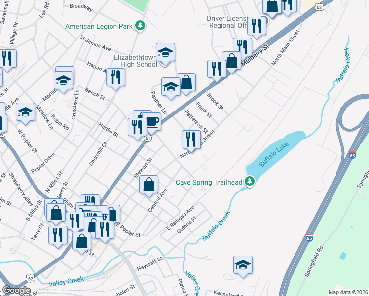 map of restaurants, bars, coffee shops, grocery stores, and more near 610 N Main in Elizabethtown