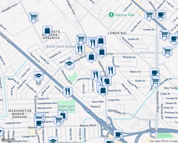 map of restaurants, bars, coffee shops, grocery stores, and more near 394 Caliente Drive in San Leandro