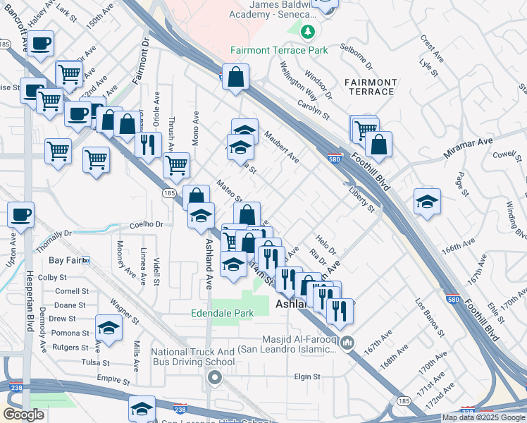 map of restaurants, bars, coffee shops, grocery stores, and more near 1561 162nd Avenue in San Leandro