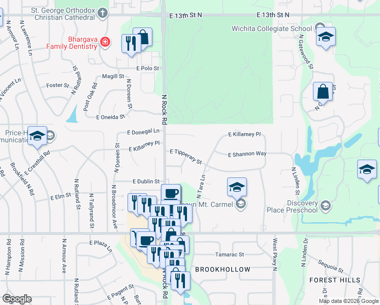 map of restaurants, bars, coffee shops, grocery stores, and more near 8201 Killarney Court in Wichita