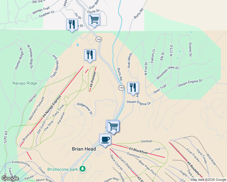 map of restaurants, bars, coffee shops, grocery stores, and more near Pine Tree Way in Brian Head