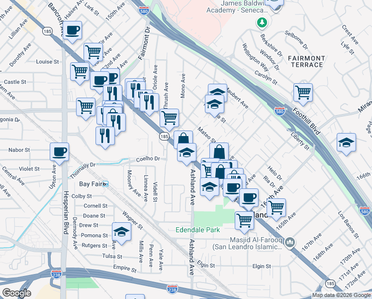 map of restaurants, bars, coffee shops, grocery stores, and more near 15974 East 14th Street in San Leandro