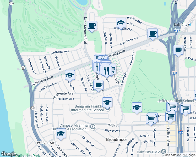 map of restaurants, bars, coffee shops, grocery stores, and more near 360 Lake Merced Blvd in Daly City