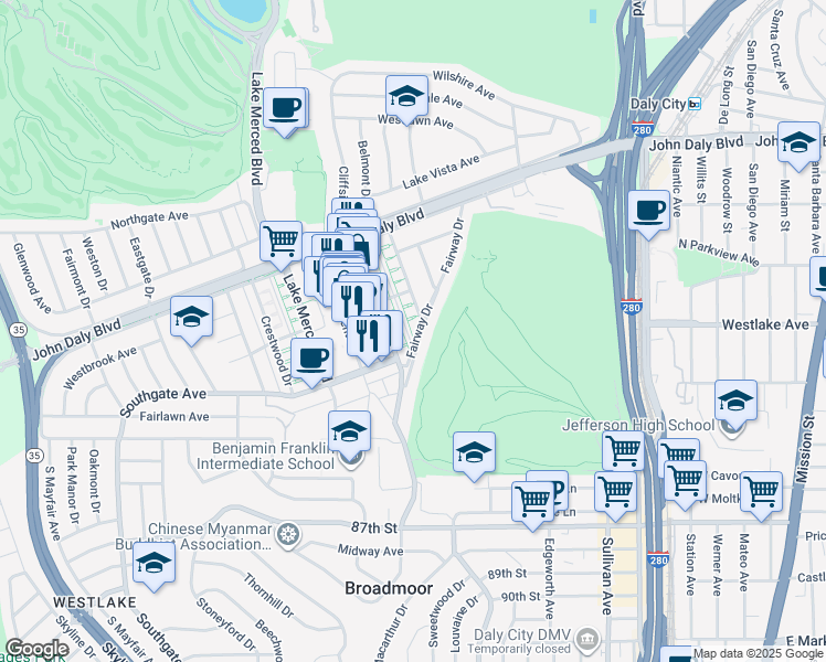 map of restaurants, bars, coffee shops, grocery stores, and more near 80 Fairway Drive in Daly City